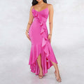 Asymmetrical 3/4 Sleeve High Waist Women Summer Dress Elegant Rose One Shoulder robe femme vestido Sexy Party Ruffle Dress