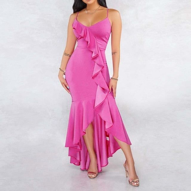 Asymmetrical 3/4 Sleeve High Waist Women Summer Dress Elegant Rose One Shoulder robe femme vestido Sexy Party Ruffle Dress